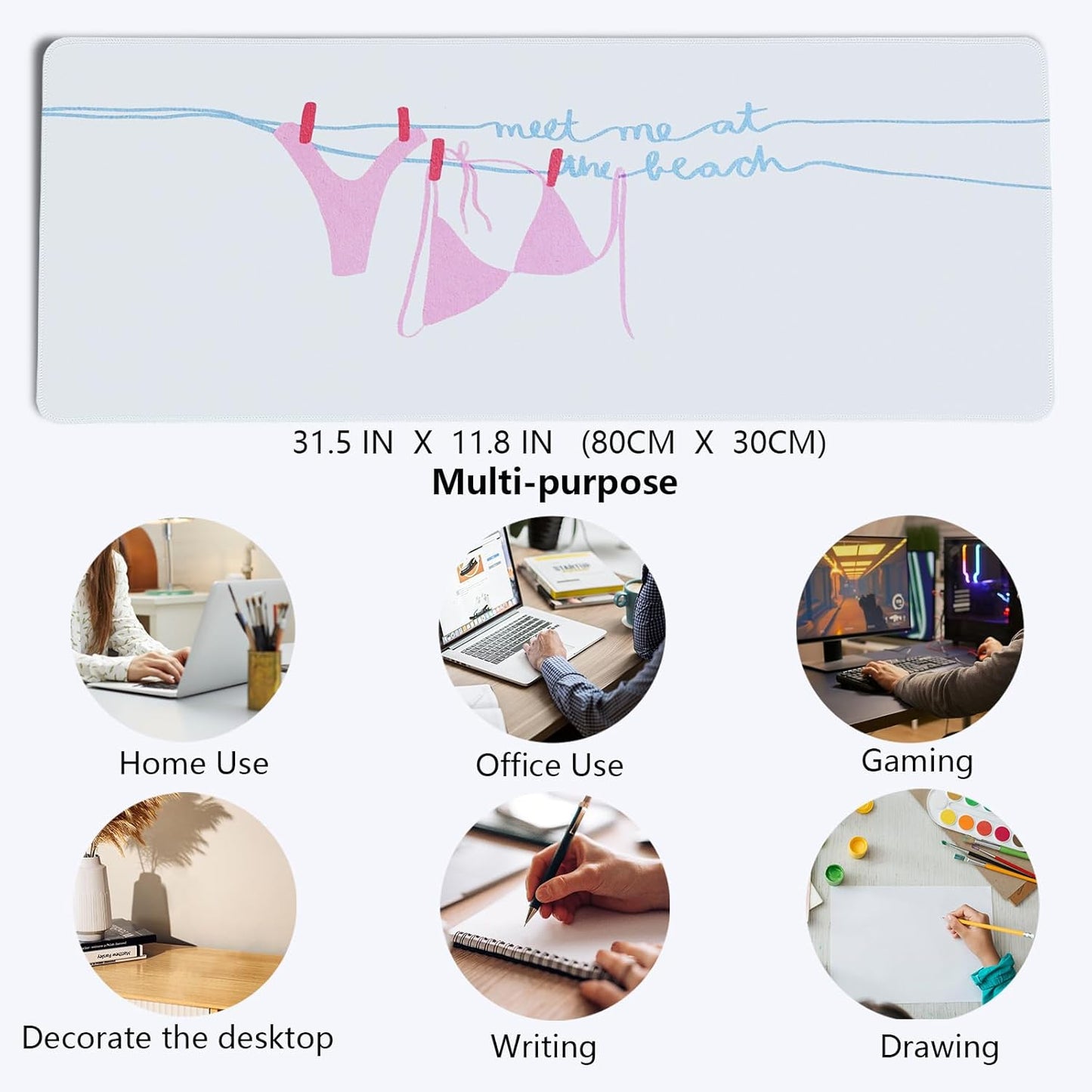 Pink Sexy Bikini Mouse Pad,Pink Girly Ocean Beach Themed Mouse Pads,XL Large Coastal Ocean Desk Mat,Meet Me at The Beach,Preppy Girly Summer Desktop Decor Art,Gifts for Girls,31.5x11.8 Inch