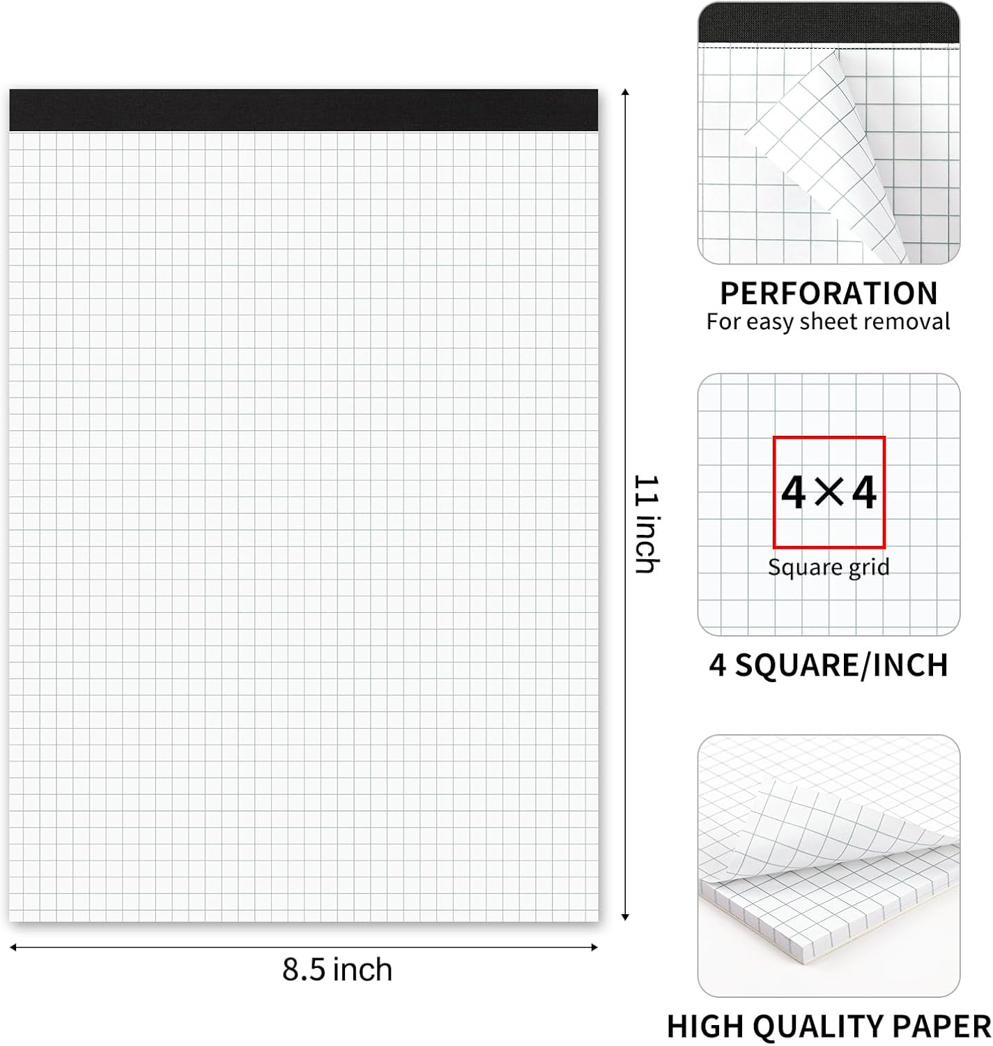 Graph Paper Notebook, 2 Pack, 8.5 x 11 Grid Paper, 4x4 Graph Ruled, 50 Sheets per Pad, Easy-Tear Perforations, 8.5 x 11 Cardboard Backing, for Math, Drafting, Drawing, Engineering