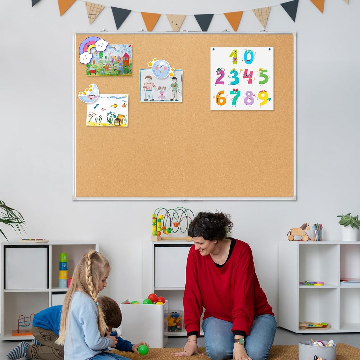 Double-Sided Large Cork Board, 48" x 36" Foldable Hanging Aluminum Framed Bulletin Board, Vision Board Pin Board Corkboards for Walls, Office, School Decor, 20 Pushpins