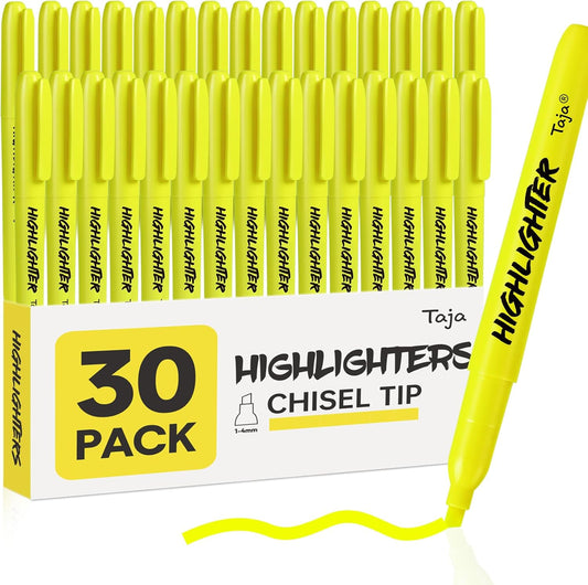 Taja 30 Pack Yellow Highlighters Bulk, Chisel Tip Highlighters Markers Set with No Bleed Ink, Perfect for School & Office Supplies