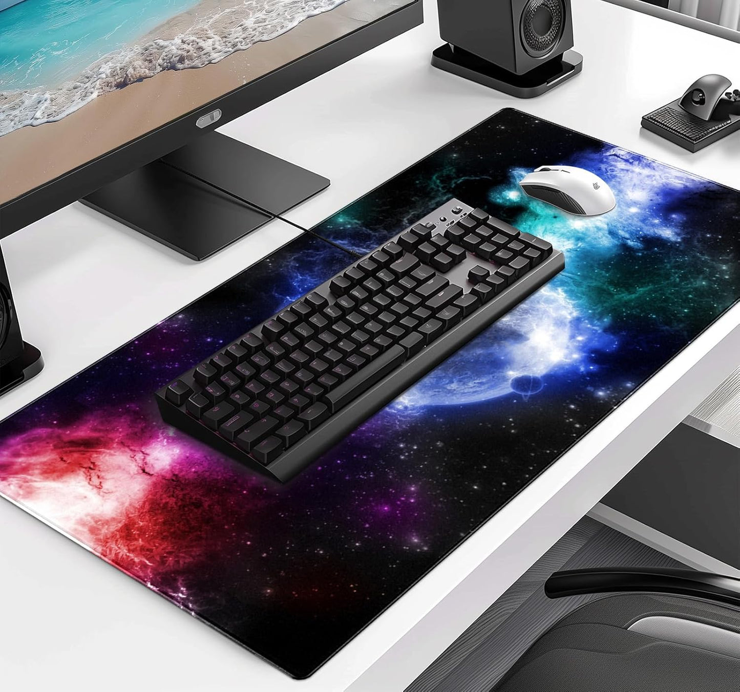 Large Extended Gaming Mouse Pad with Stitched Edges, Non-Slip Waterproof Rubber Base Mouse Pad for Office, Computer, Keyboard, Laptop and Home Desk Pad 35.4 x 15.7 x 0.12 Inch (Nebula Starry Sky)