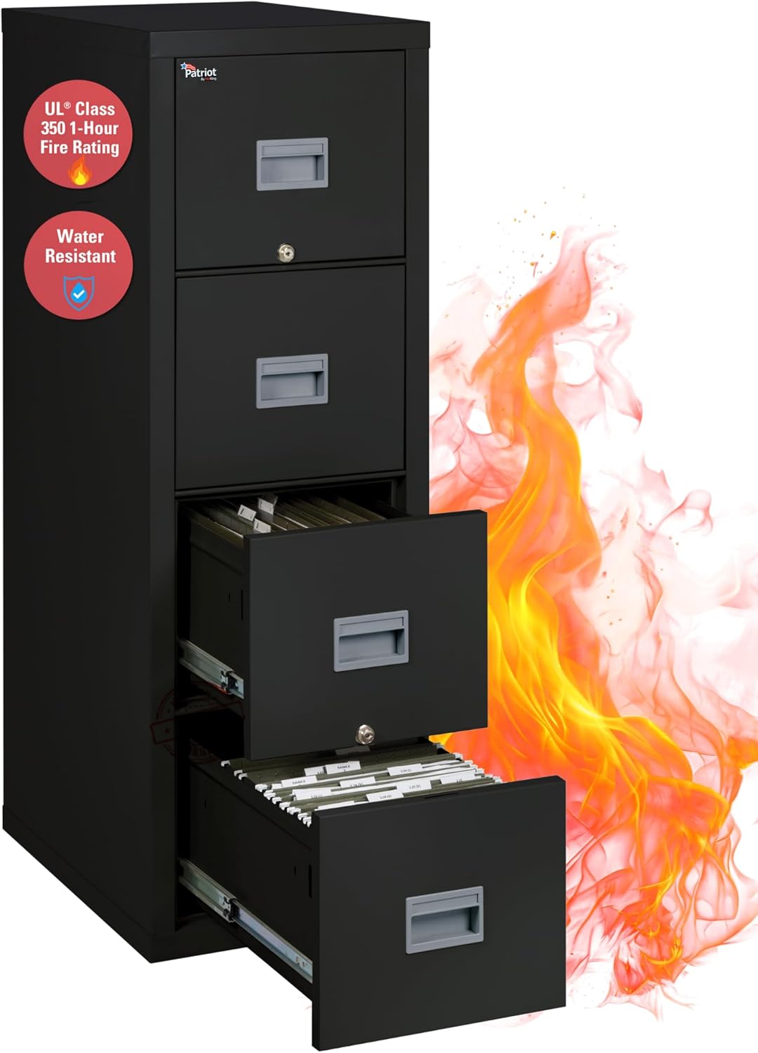 FireKing Patriot Vertical 4 Drawer Legal & Letter Fire Safe File Cabinet, Key Lock, 1 Hour Fire Rated UL Rated & Water Resistant, USA Made, Black
