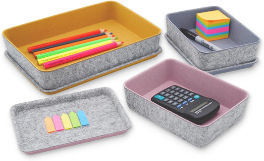 Welaxy Lidded Felt Drawer Organizer Bin with lids Desktop Stackable Organizer Storage box for crafts office supplies pen notes Junk Makeup Stationery Organize 3-Pack (Curry+Dusty rose +Glacier gray)