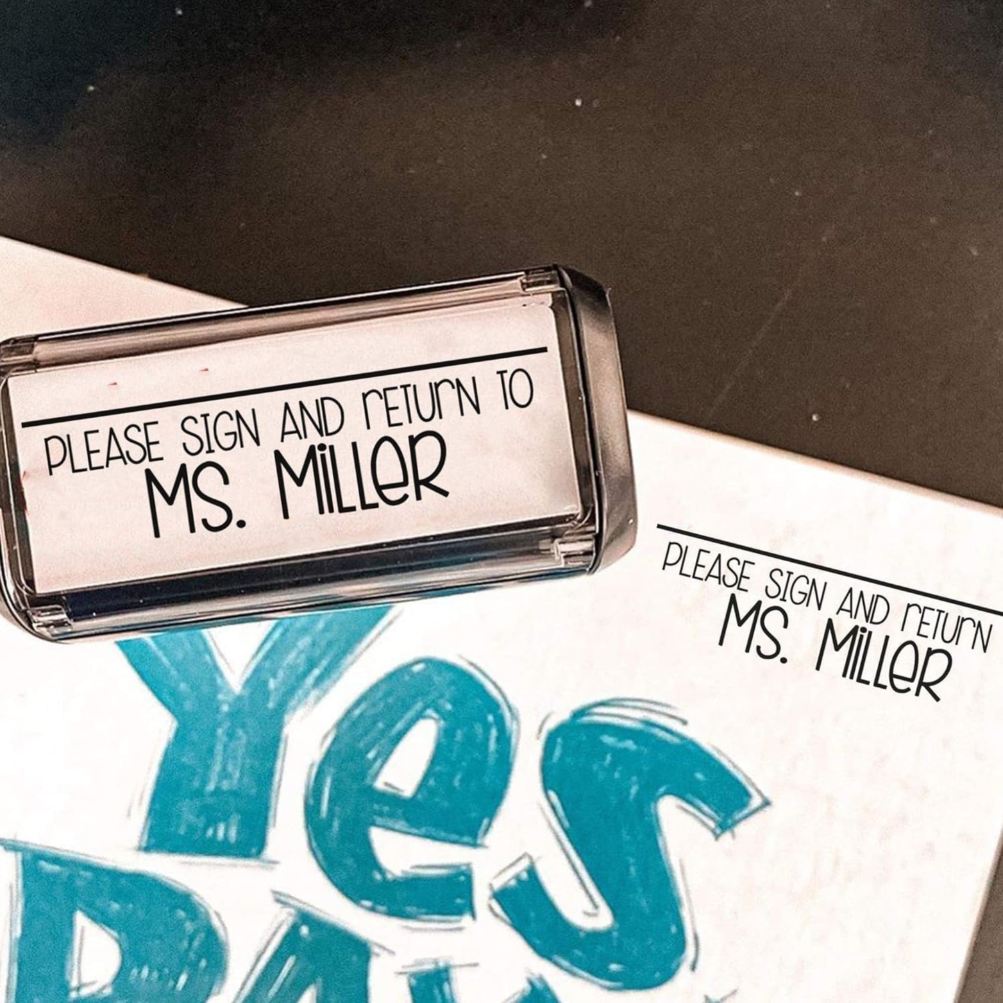 Custom Self-Inking stamps with 49 fun designs for easy grading. Great for Classroom, Teacher, & Library Bookmarks. Includes "Please Sign and Return" & Xtra Large options