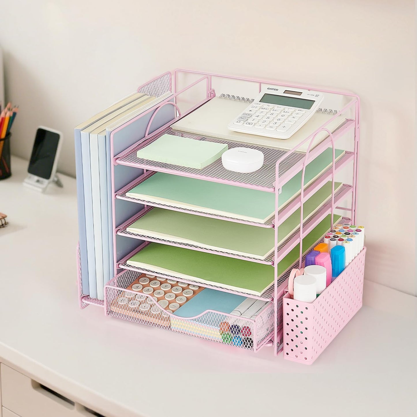 Desk Organizer with Drawer and Pen Holder, 5-Tier Paper Letter Tray Organizer with File Holder, Suitable for Workspace Organizer Office Supplies Storage (Pink)