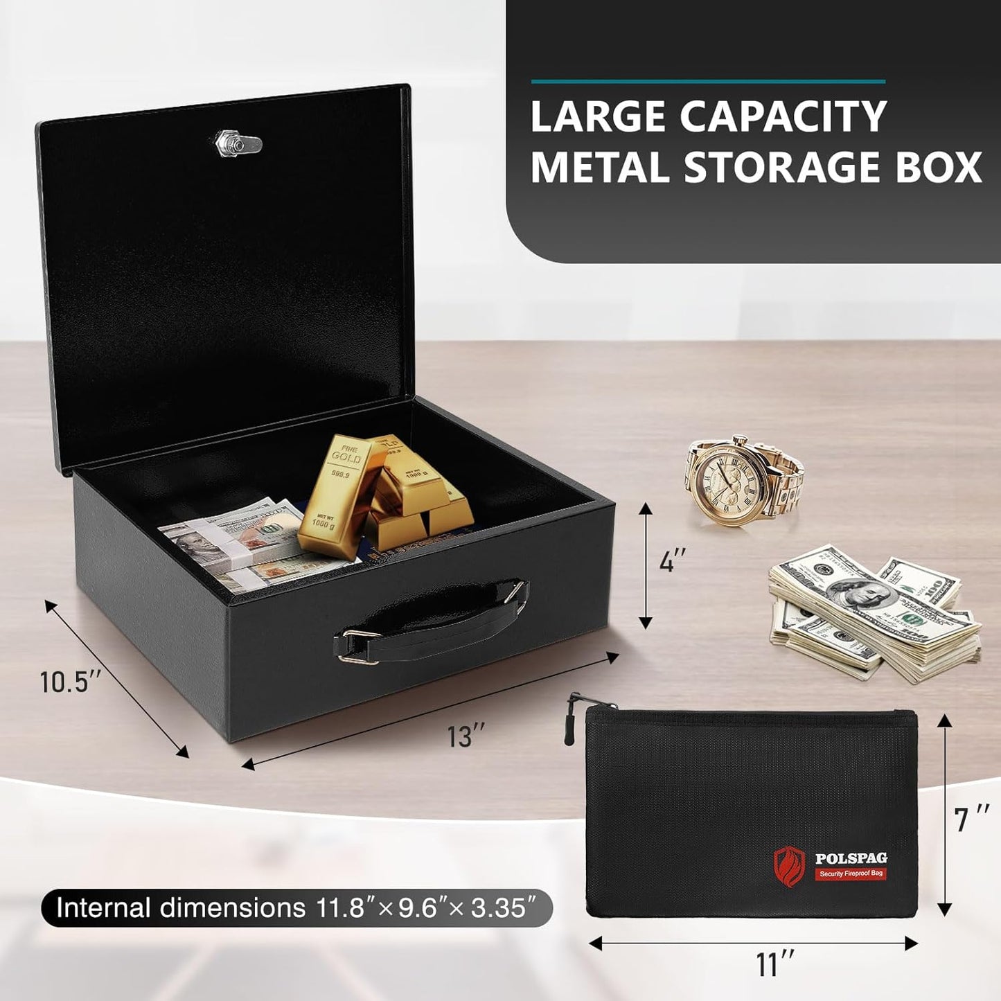 Fireproof Document Box with Key Lock & Fireproof Money Bag,Safe Storage Box for Valuables,Fire Resistance Security Chest,Fireproof Box for Documents,Passport Extra Large (Black, Large)