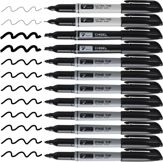 12 Black Permanent Markers with Bag - Waterproof Quick Drying Pens Set 8 Fine Tip, 2 Ultra Fine, 2 Chisel Tip Office Home School Supplies for Adults Writing Doodling Marking