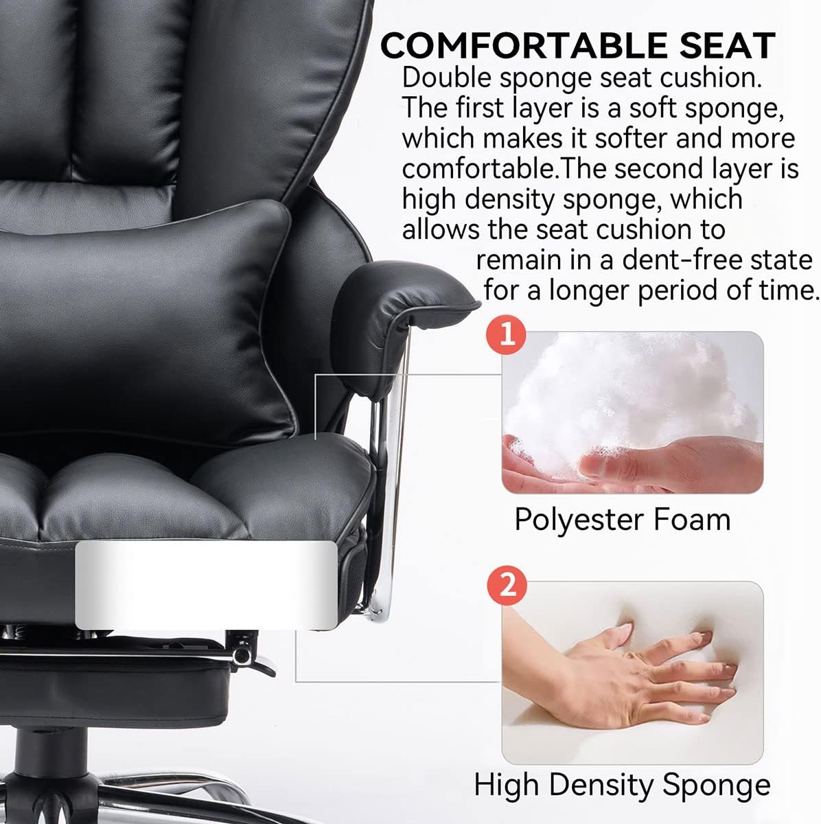 Efomao Desk Office Chair 400LBS, Big and Tall Office Chair, PU Leather Computer Chair, Executive Office Chair with Leg Rest and Lumbar Support, Black Office Chair
