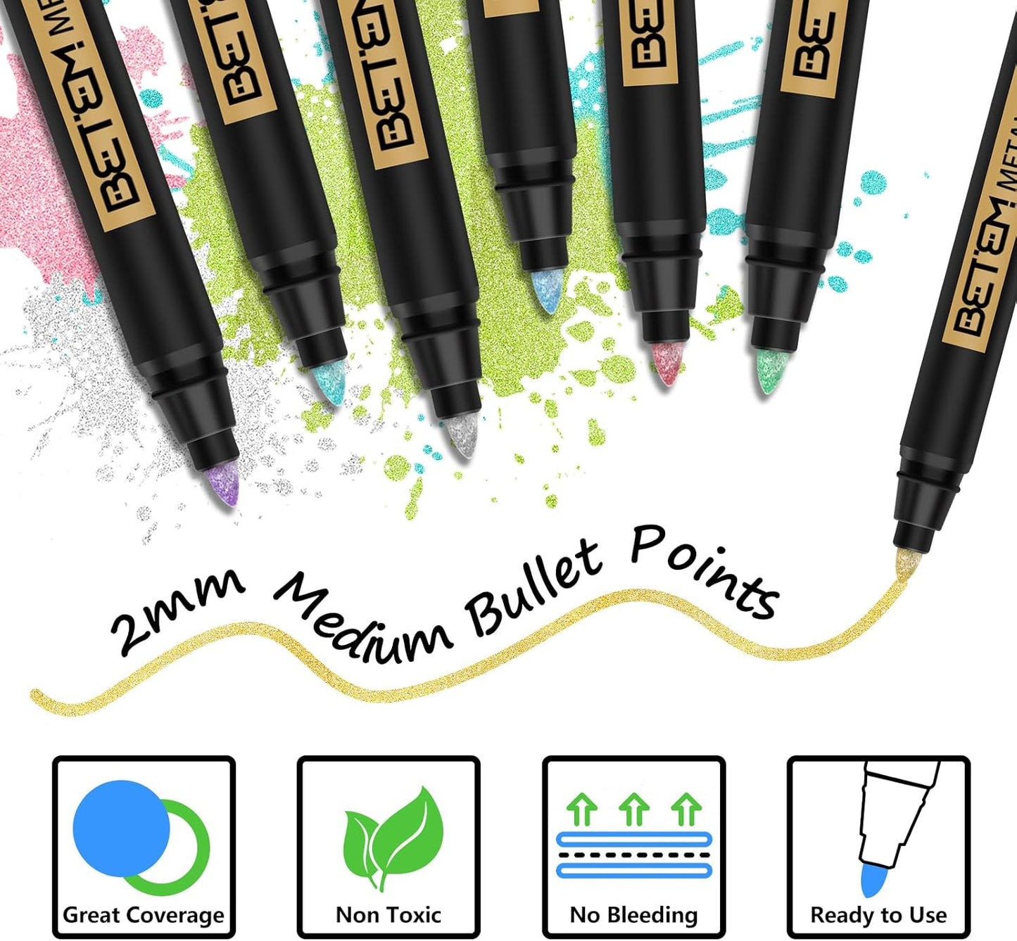 Betem Metallic Paint Markers, 10 Colors Acrylic Paint Markers for Black Paper, 2mm Medium Tips Metallic Glitter Pens for Scrapbooking, Rock Painting, Greeting Cards, Photo Albums, DIY Art Crafts