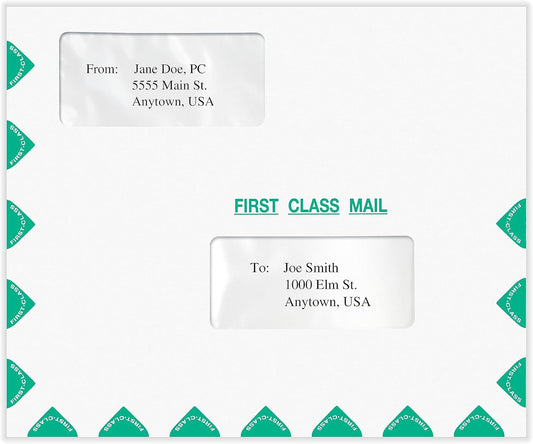 First Class Double Window Envelope | Tax Mailer, Landscape, White/Green, Moisture-Seal, 9-1/2" x 11-1/2", Pack of 50
