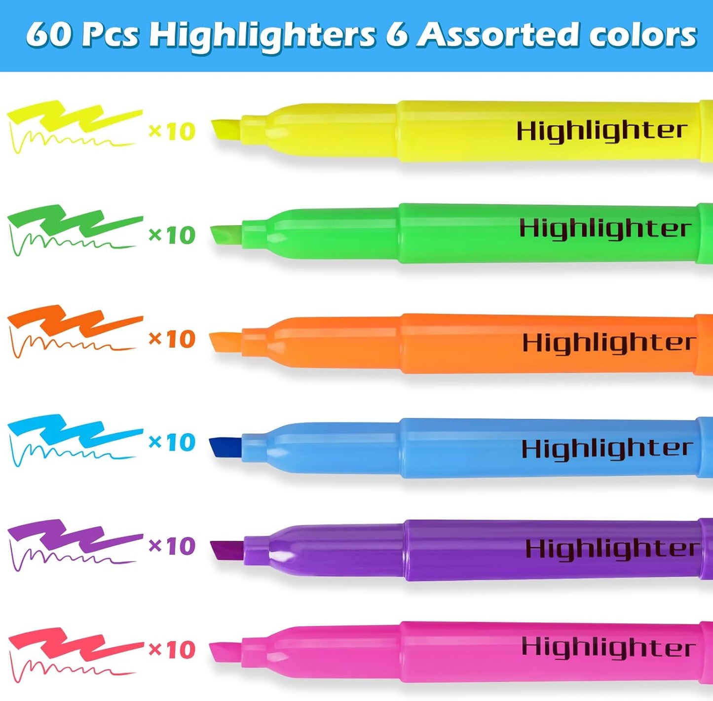 KIZZYEA 60 Pack Highlighters in 6 Assorted Colors, Chisel Tip Dry-Quickly Highlighters Bulk, No Bleed Highlighter Markers for Adult Kids, School Supplies for Teachers, Office Classroom Must Have