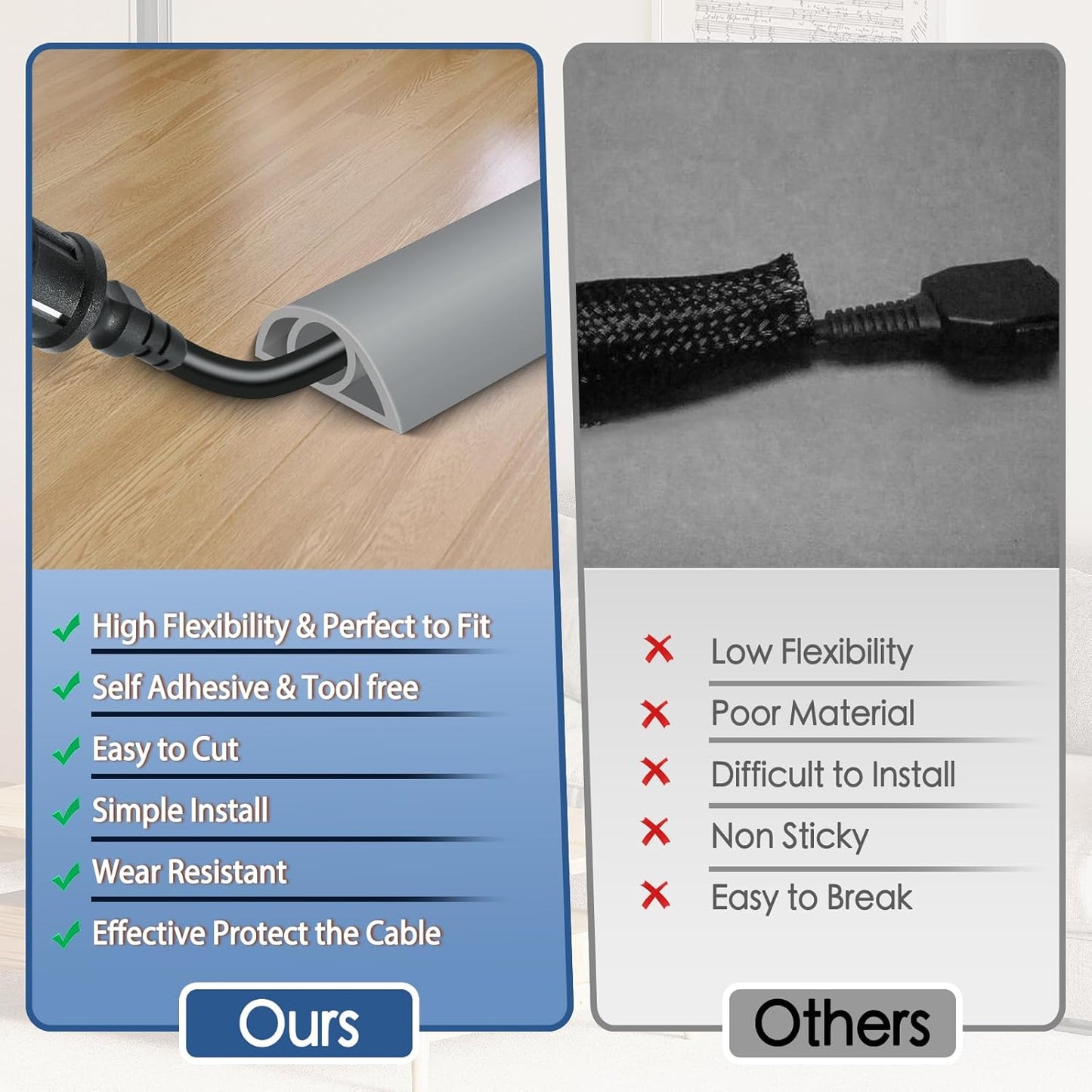 Floor Cord Cover for Wires on Floor Self Adhesive Cord Hider Floor Cable Management Wire Covers for Cords Protector Prevent Cable Trips Cord Cavity W 0.32" x H 0.32", Gray, 20Ft