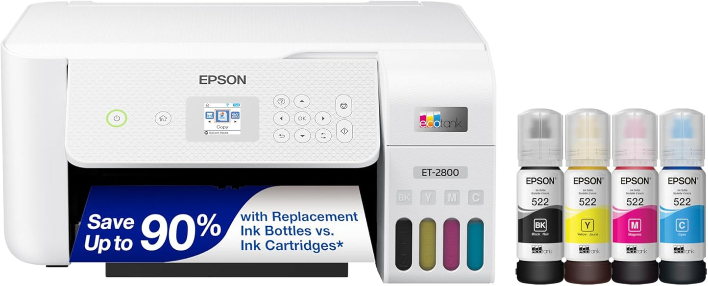 Epson EcoTank ET-2800 Wireless Color All-in-One Cartridge-Free Supertank Printer & 522 EcoTank Ink Ultra-high Capacity Bottle Black (T522120-S)