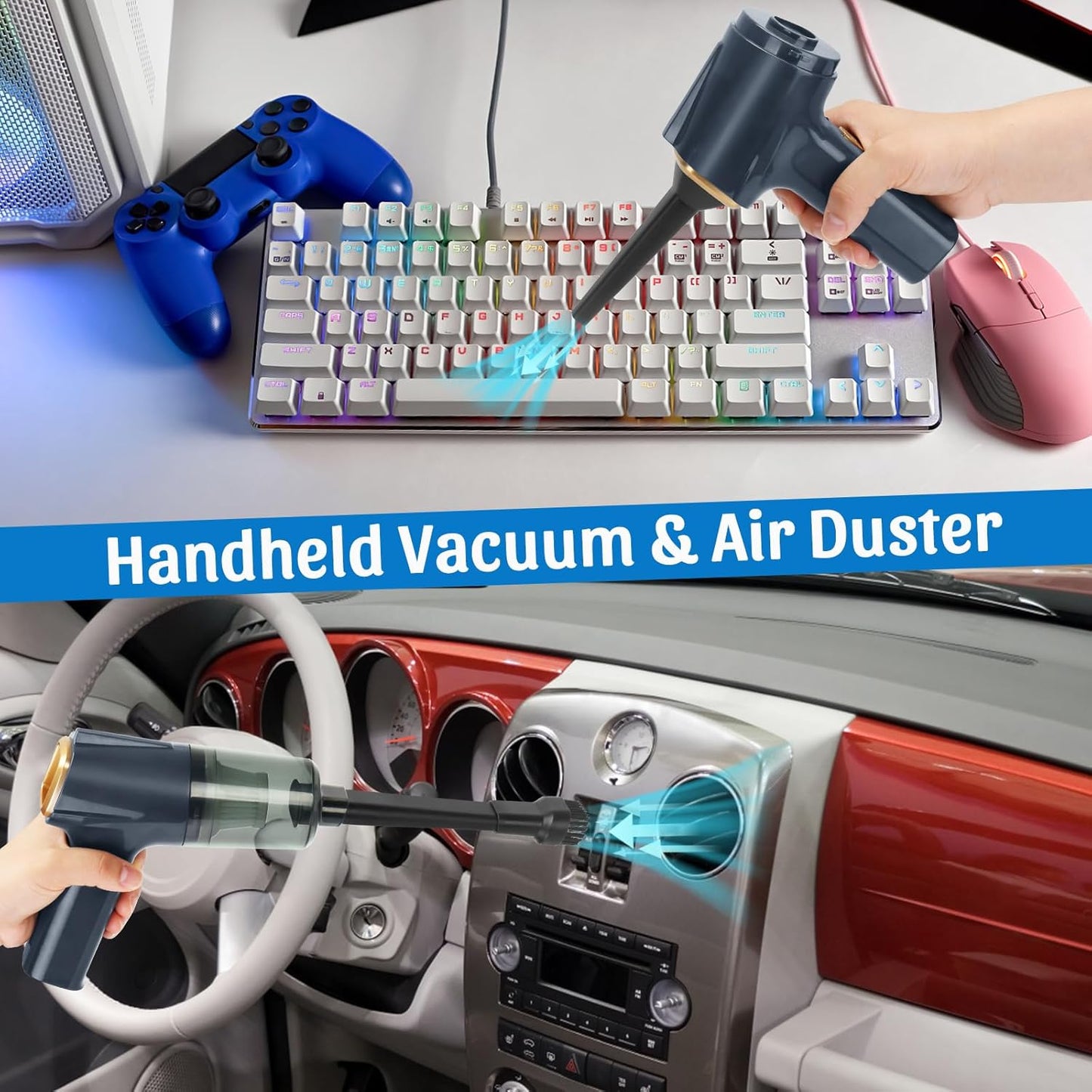 12000Pa Cordless Handheld Vacuum Cleaner, High Power Car Vacuum and Air Duster 2-in-1, Low Decibel Brushless Mini Vacuum with LED Light and Multi-Nozzles, for Desk, Sewing Machine, Computer, Keyboard