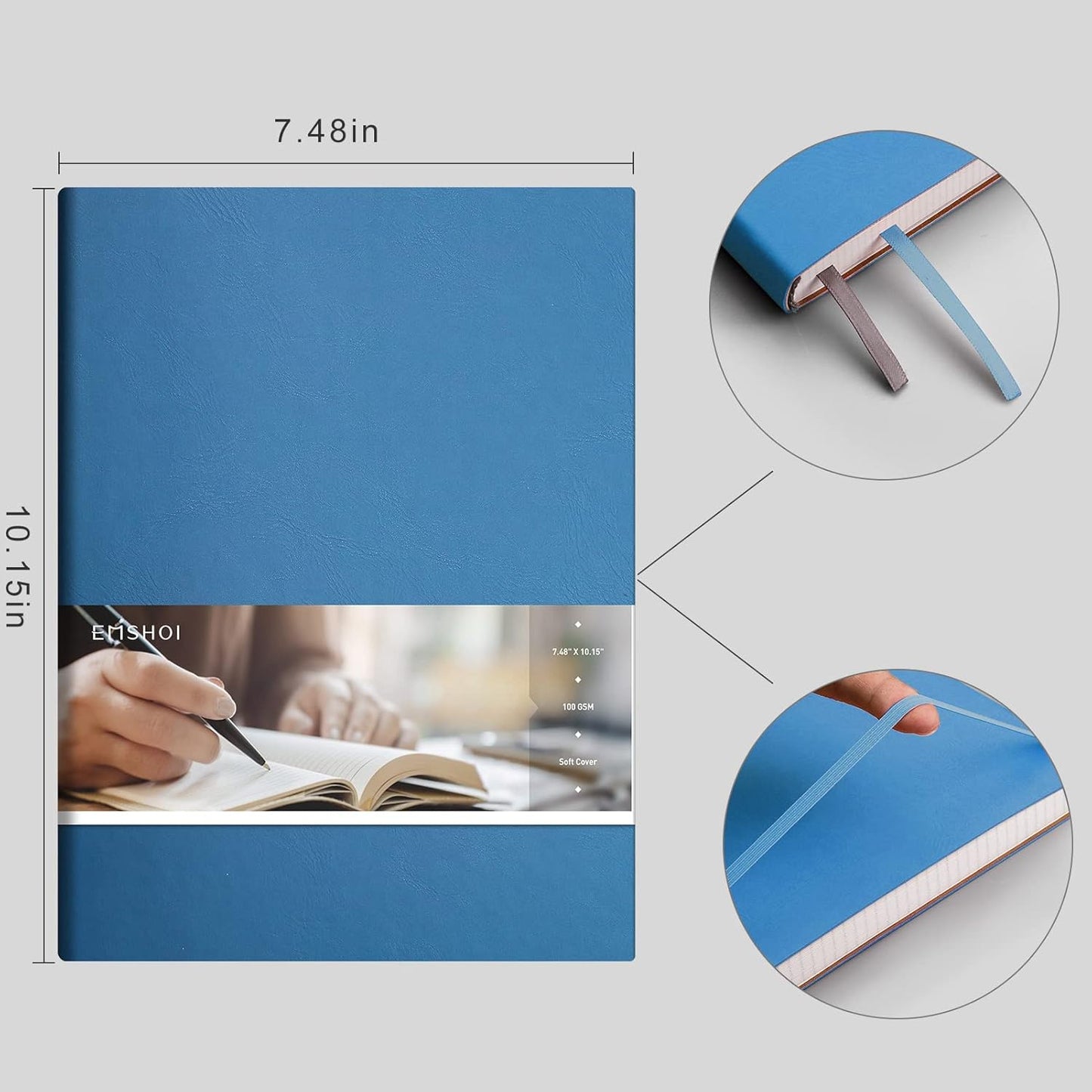 EMSHOI College Ruled Composition Notebook - Large B5 Notebook Lined Journal Leather with Free Sticky Notes, 204 Numbered Pages,100gsm Thick Lined Paper, Softcover, 7.5"x10"-LightBlue
