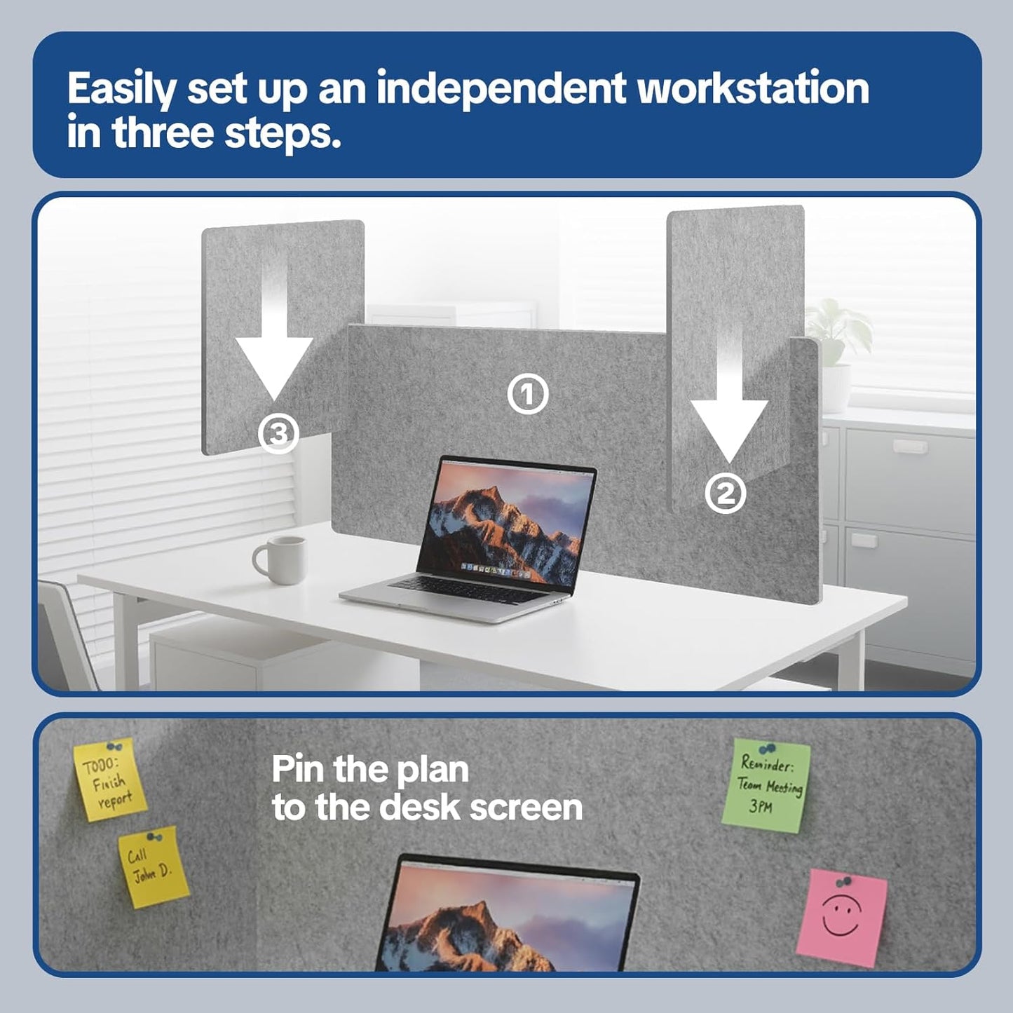 Desk Divider Privacy Screen 3 Panel Sound Absorbing - 47.2”x 23.6”x 19.7” Freestanding Acoustic Partitions for Office, Noise Reducing Panels for School, Home, Library,Sliver Grey