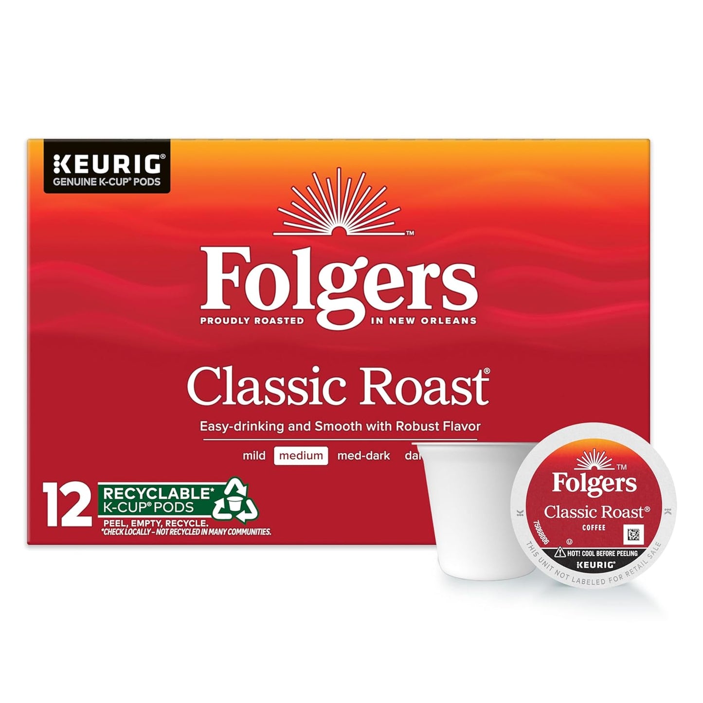 Folgers Classic Roast Medium Roast Coffee, 72 Keurig K-Cup Pods