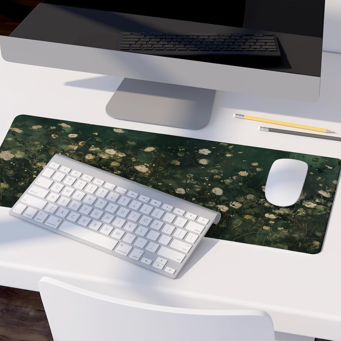 Green Yellow Floral Desk Mat,Green and Yellow Mouse Pad, Abstract Floral Spring Desk Mat,Big Large Spring Abstract Oil Painting Desk Pad,Preppy Girly Summer Desktop Decor Art,31.5x11.8In