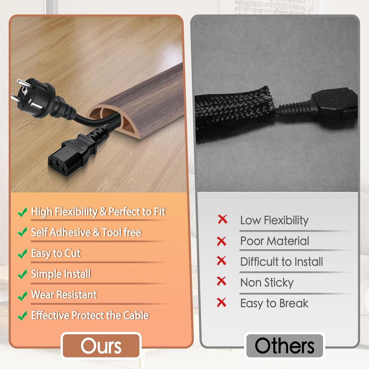 Floor Cord Cover for Wires on Floor Self Adhesive Cord Hider Floor Cable Management Wire Covers for Cords Protector Prevent Cable Trips Cord Cavity W 0.51" x H 0.31", Grayish Brown Wood, 3.3Ft