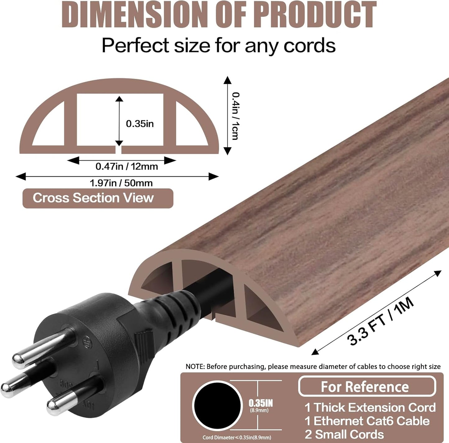 Floor Cord Cover Self Adhesive Cord Hider,3.3FT Cable Management, Extension Strip Protector for Wires, Prevent Cable Trips for Offices, Gyms, Exhibitions Cavity:0.47"(W) x 0.35"(H) Wood Walnut
