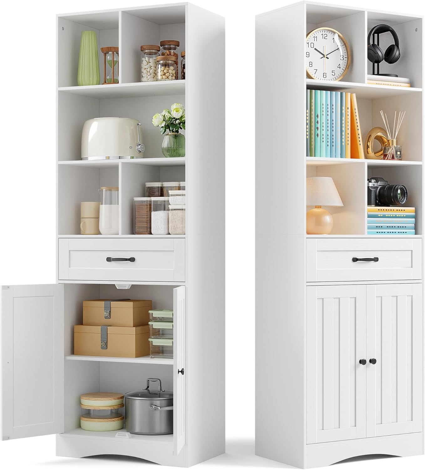 Gizoon Storage Cabinet, 71'' H Kitchen Storage Cabinet with Doors & Drawers, Kitchen Pantry with Adjustable Shelves, Anti-tip, Metal Handle, for Living Room, Office, Bathroom, White