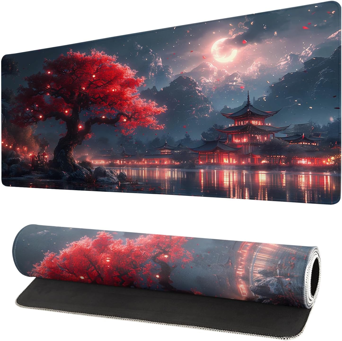 Gaming Mouse Pad Desk Pad,Extended Big Mouse Pad,31.5x11.8 Inch Long Computer Keyboard Mouse Mat Mousepad with 3mm Non-Slip Base and Stitched Edge for Gaming and Office… (Night Lake)
