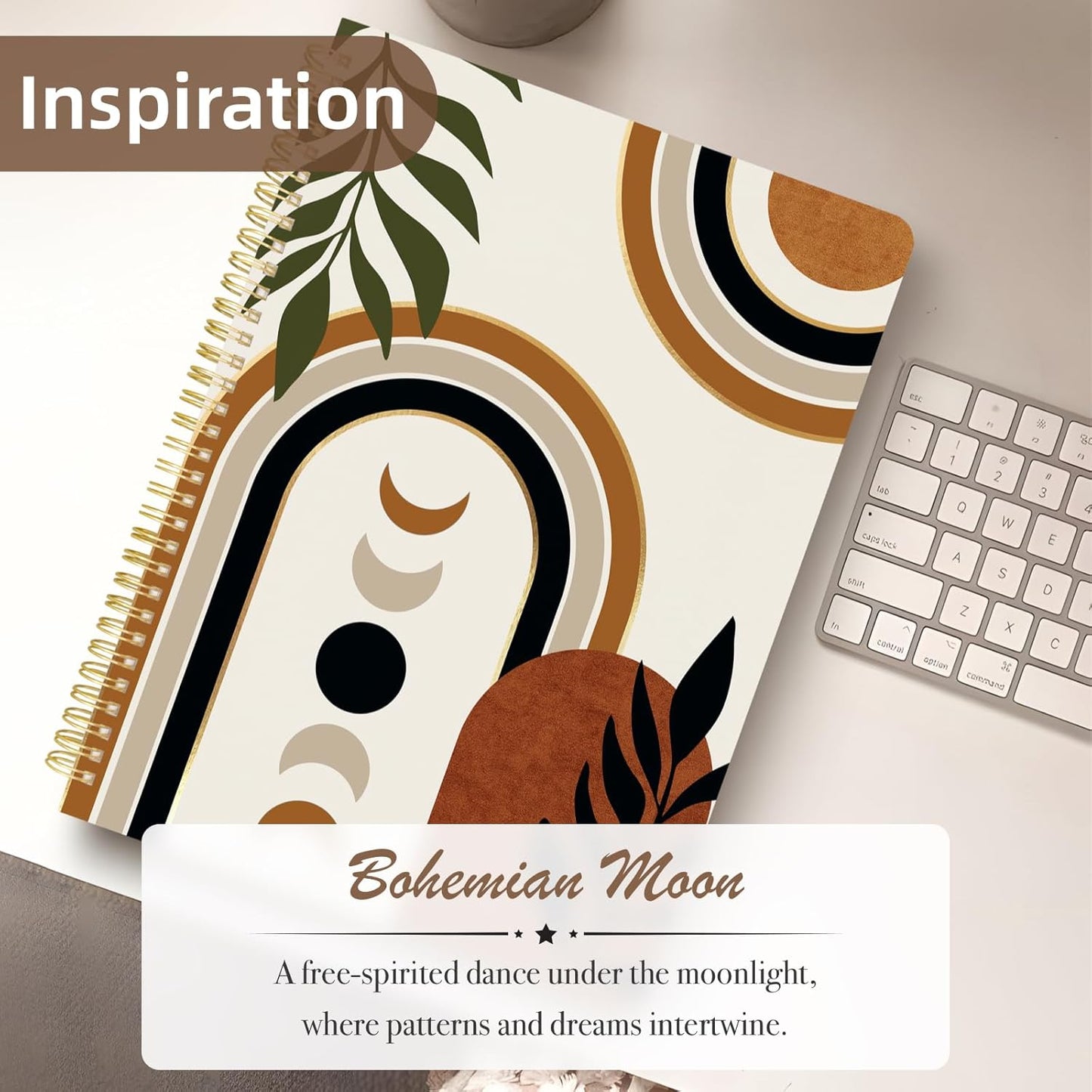 Cute Spiral Notebook journal A4 Aesthetic Pretty Design for Women Girls Kawaii with Pocket, 8.5 x 11 inch, Graph, Moon Boho