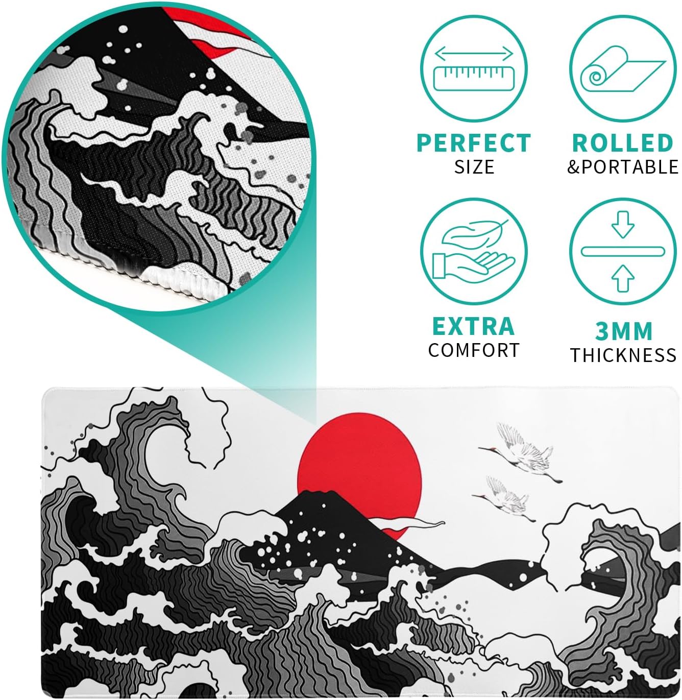 Japanese Red and Black Wave Gaming Mouse Pad Extended Large Mouse Mat Desk Pad Sea Texture Non-Slip Rubber Base Wave Mousepad Stitched Edges Keyboard Desk Pad for Office Home Game 27.6x11.8 Inch