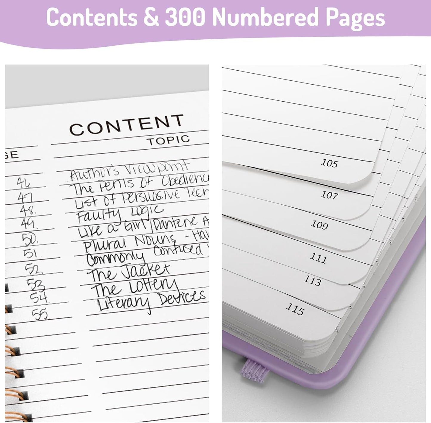 Forvencer Lined Spiral Journal Notebook with 300 Numbered Pages, B5 College Ruled Thick Journals for Writing with 100GSM Paper, Hardcover Notebooks with Contents for Work, School, Women, Men, Purple