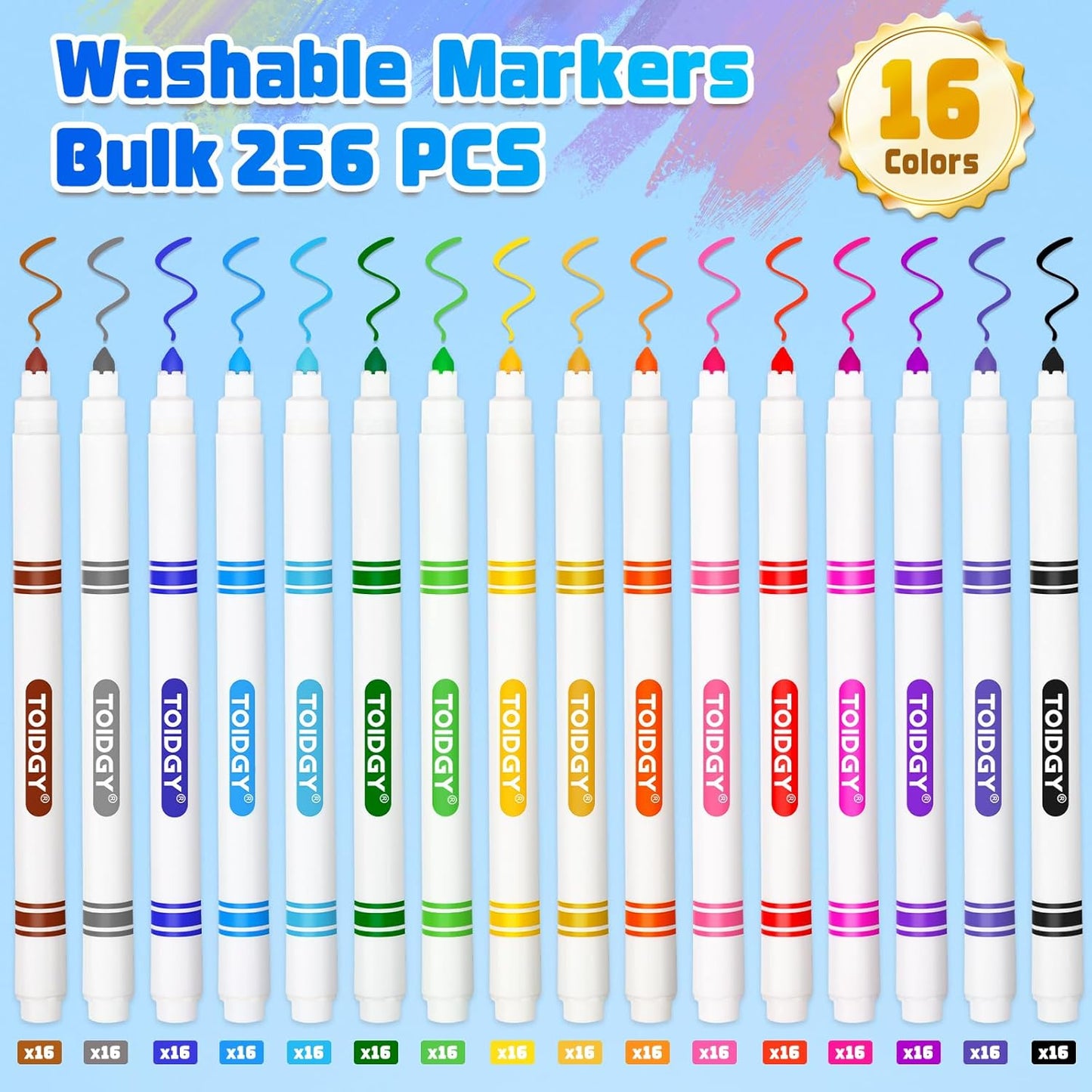256 PCS Washable Markers for Kids, Colored Markers Bulk for School, Thin Marker Set in 16 Assorting Colors, Fine Line Marker with Conical Tip, Back to School Supplies, Classroom Must Haves