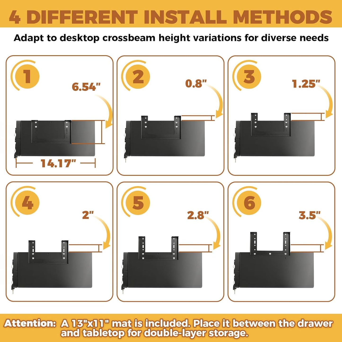 14 In Double Under Desk Drawer,Under Desk Pull Out Drawer with Lock and Keys,Adjustable Height, Metal Storage Drawer with Slide Extension Mounted Under Flat Wooden Table or Workbench, Black