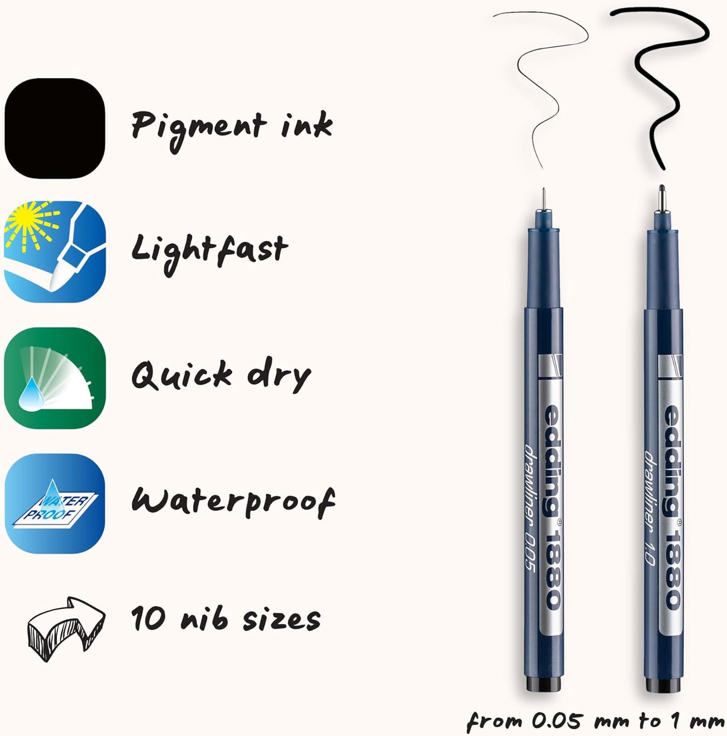 edding 1880 Drawliner – 10 Black Pen Set for Precise Sketching, Journaling & Technical Drawing on Paper – Waterproof, Special Ink, No Bleed Pens – 0.05-1 mm Round Nib, Fine Point & Smooth Writing Pens
