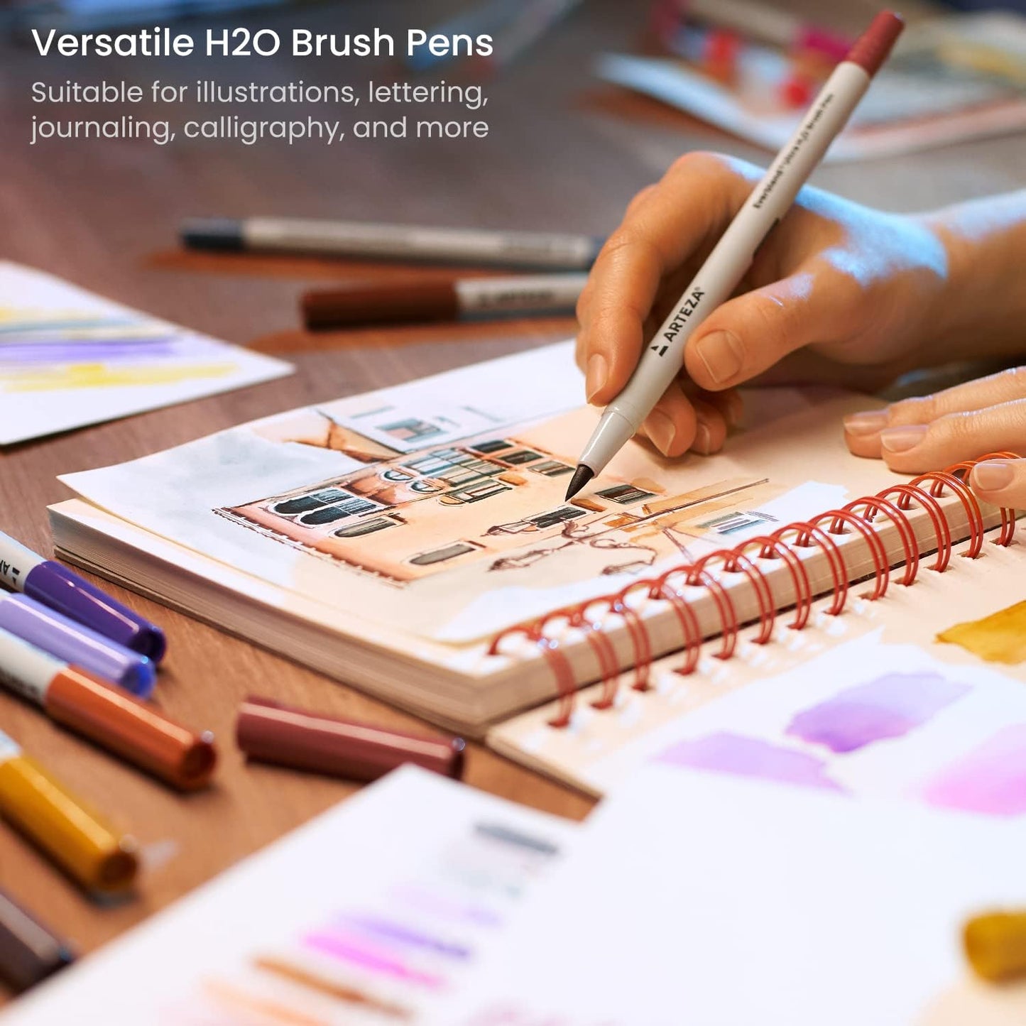 ARTEZA Dual Tip Brush Pens, 12 Vintage Tones, Watercolor Calligraphy Markers, Nylon Brush and Fine Tip, Water-Based Ink, for Illustration, Lettering