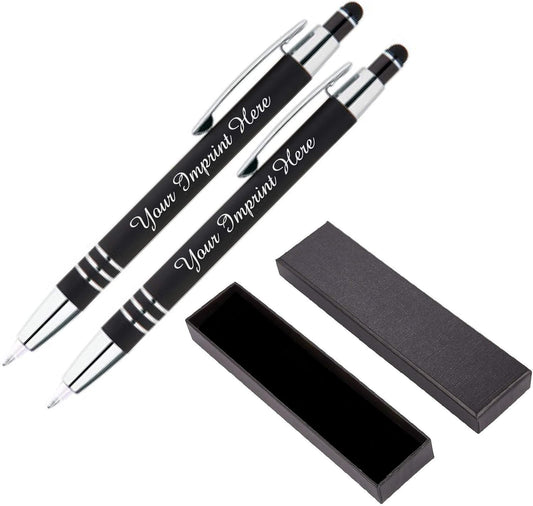 ExpressDesigns™ - Personalized Pens Gift Set - 2 Pack of | LED Flashlight Soft Touch Metal Pens w/gift box | Luxury Ballpoint Pen Custom Engraved with Name or Message | Light Up Pens (Black)
