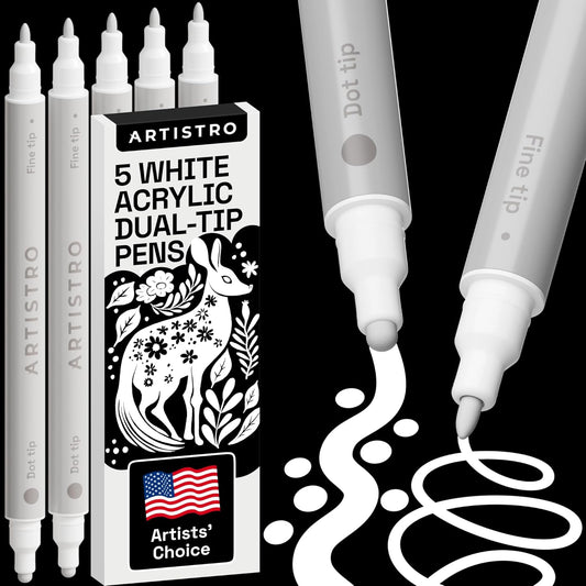 ARTISTRO 5 White Dual-Tip Acrylic Paint Pens for Rock, Ceramic, Glass, Wood, Fabric - White Markers for Acrylic Painting, 5mm Dot + 1mm Fine Tips