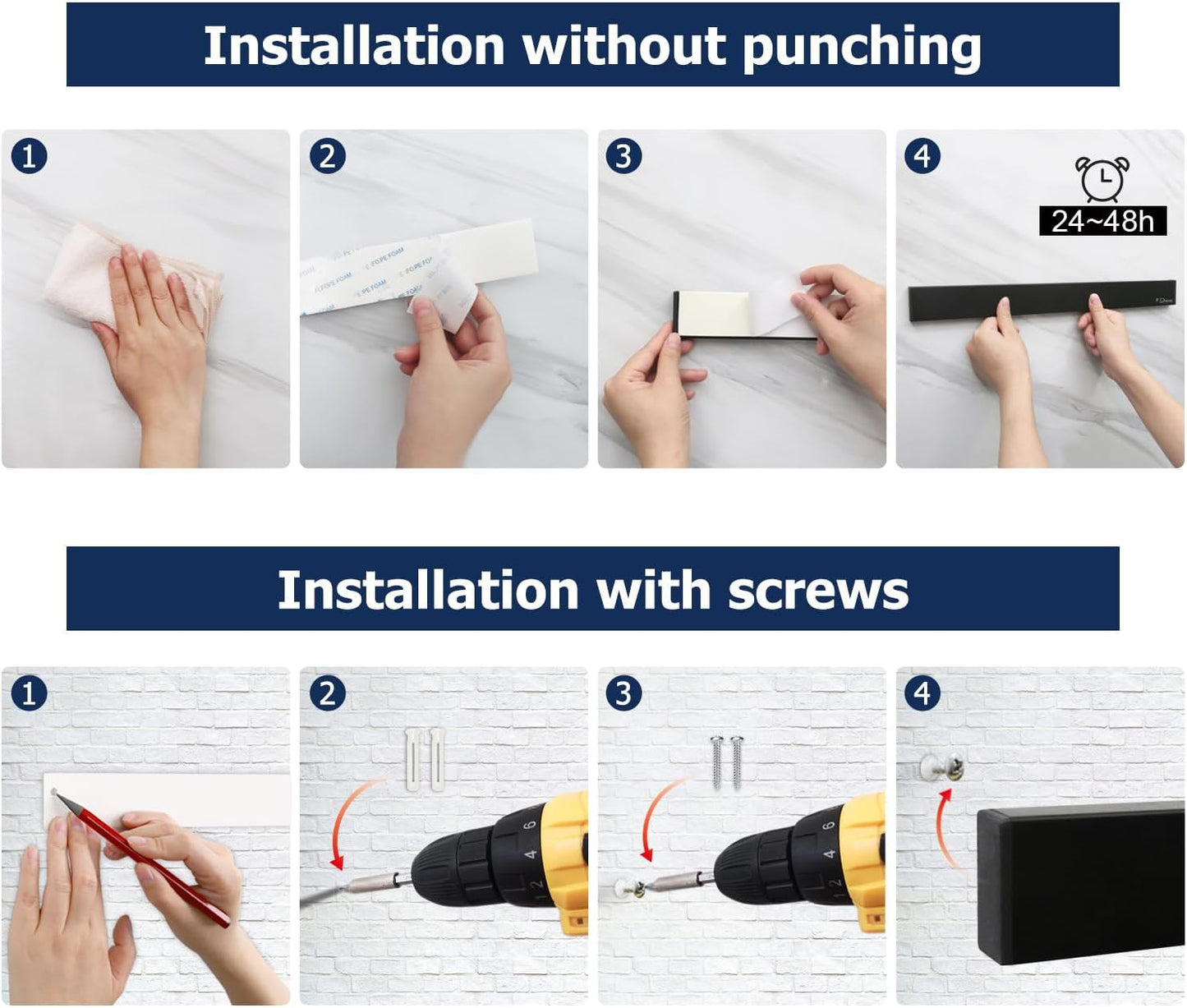 Dmore magnetic knife holder for wall—with 2 hooks, No Drilling 12 Inch black knife magnetic strip, Powerful knife magnet rack, include Adhesive Tape and screws for Knives, Utensils, and Tools