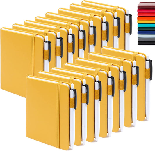 feela 15 Pack Pocket Small Notebooks Bulk, Mini Cute Notepads Hardcover College Ruled Lined Journals with Pen Holder for School Business Memos, with 15 Black Pens, 3.5”x 5.5”, A6, Yellow