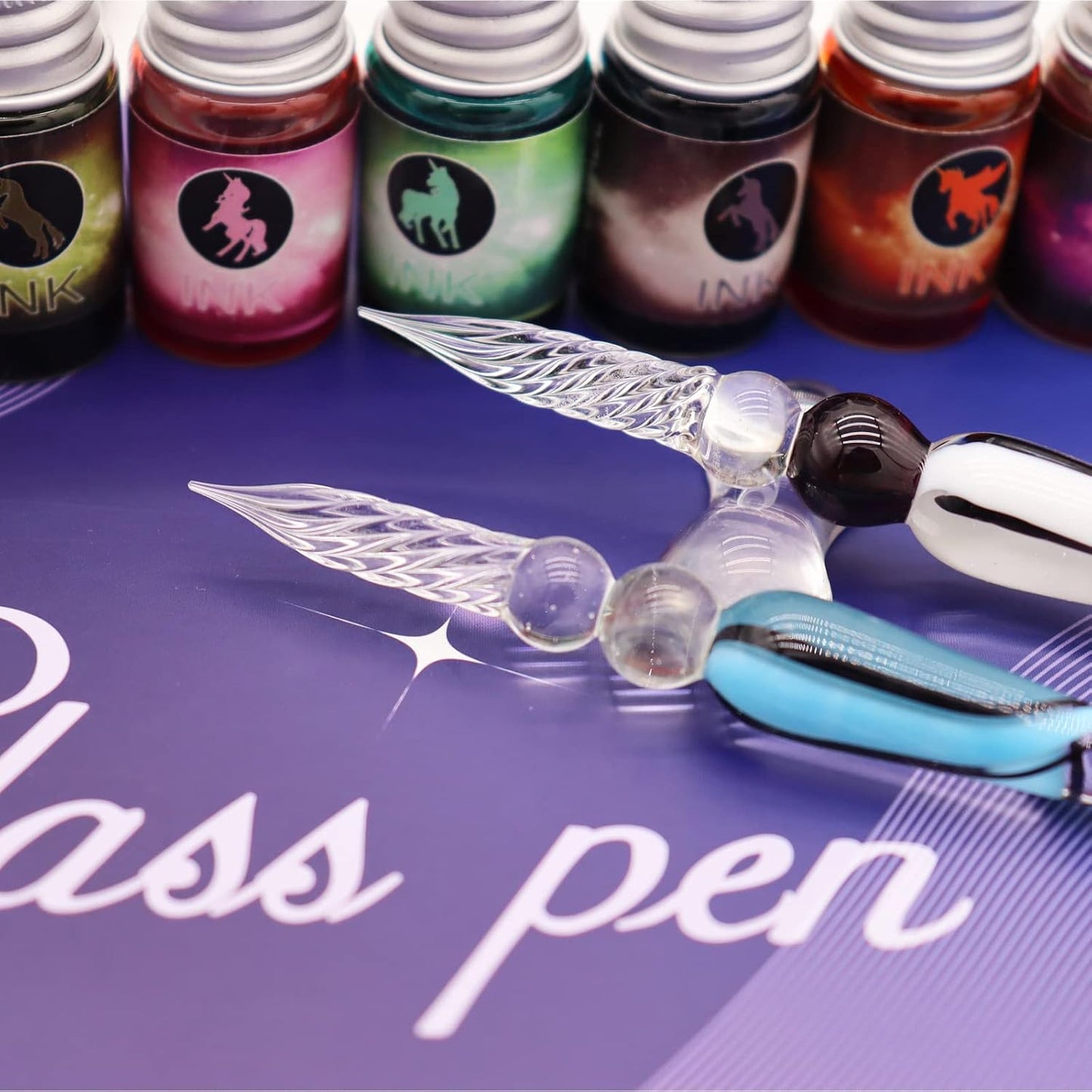 Glass Dipped Pen Ink Set Handmade Crystal Calligraphy Pen with 24Colorful India Ink for Art, Signatures, Drawing, Decoration, Caligraphy Kits for Beginners