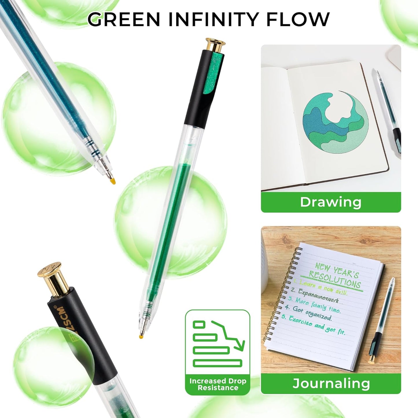 Retractable Glitter Gel Pens, 12 Colors Large Capacity Green Glitter Metallic Gel Ink Pen, 1 mm Fine Point Smooth Writing Color Pens for Adult Coloring Book Note Taking Aesthetic Art Supplies