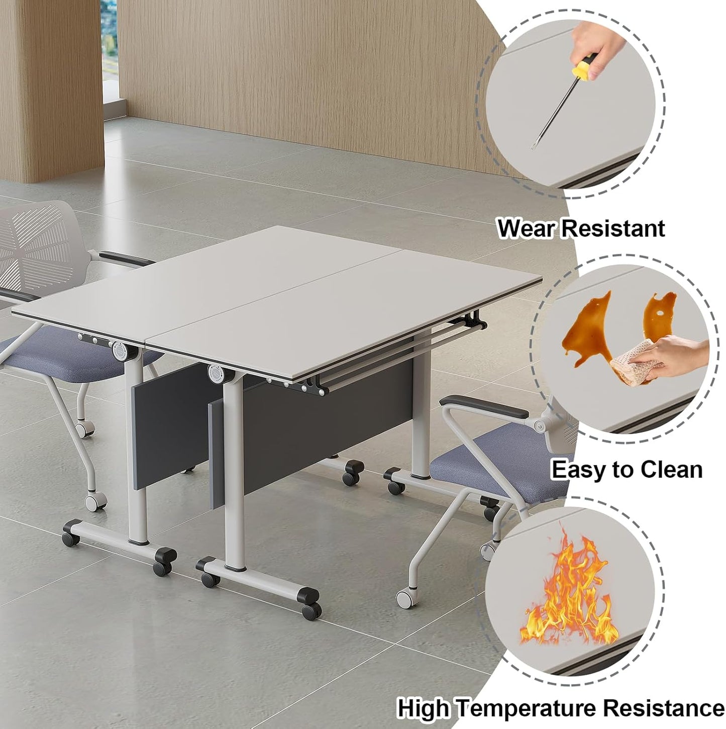 Folding Conference Table, Modern Large Conference Room Tables with Flip-Top Design, Foldable Conference Table Meeting Table with Wheels, Mobile Seminar Training Tables for Office Classroom (2, Gray)