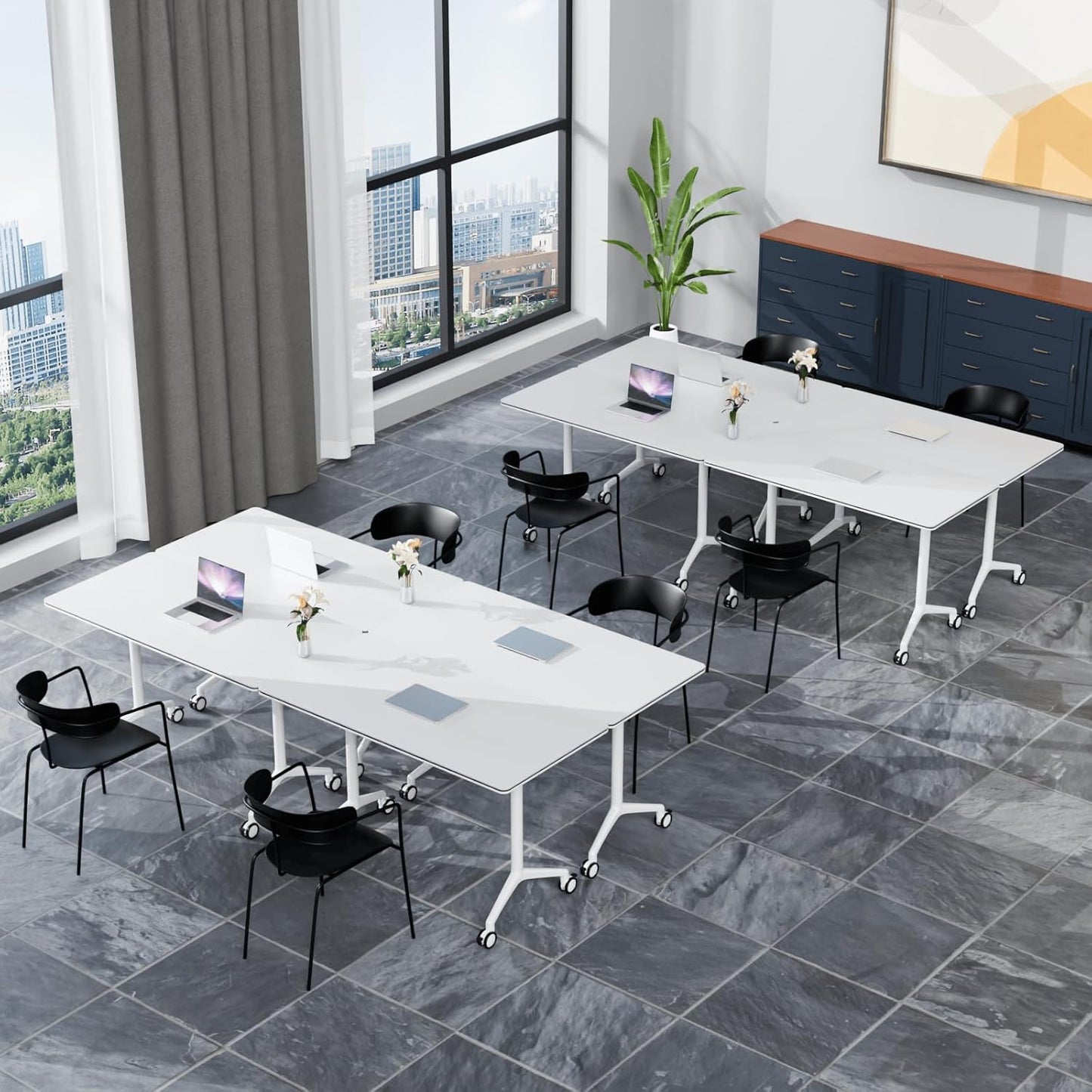Folding Conference Table, Modern Large Conference Room Tables with Flip-Top Design, Foldable Conference Table Meeting Table with Wheels, Mobile Seminar Training Tables for Office Classroom (8, White)