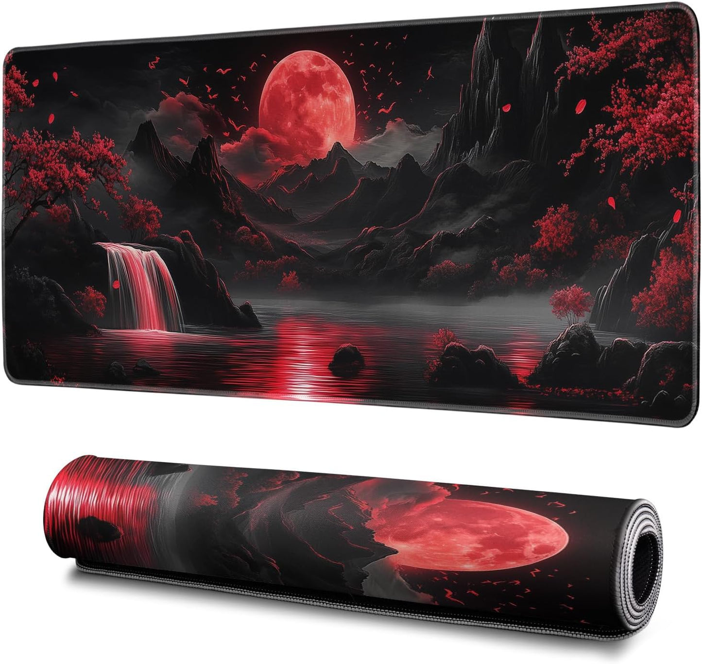 Darkness Red Moon Mouse Pad Abstract Red Mouse Pad 31.5x11.8 Inch Non-Slip Rubber Base Large Mousepad Stitched Edges Keyboard Mouse Mat Desk Pad for Office and Home(2)