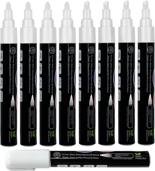 White Liquid Chalk Markers Set (8 Pack), 6mm Reversible Thick & Chisel Tip, Wet Erase Paint Pens for Non Porous Blackboard Chalkboard, Car Glass Windows, School Business Supplies
