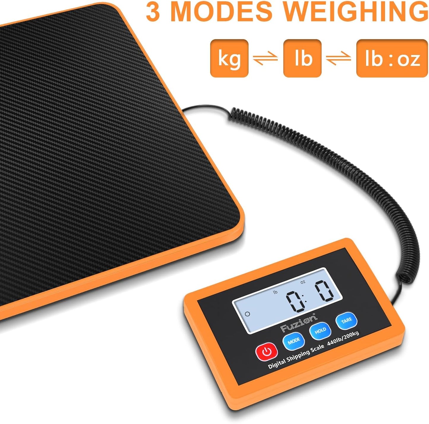 Fuzion Shipping Scale, 440LB/200KG x 10g Digital Postal Scale, Hold/Tare Function, Postage Scale for Packages Small Business/Luggage/Mailing, Battery & AC Adapter Included