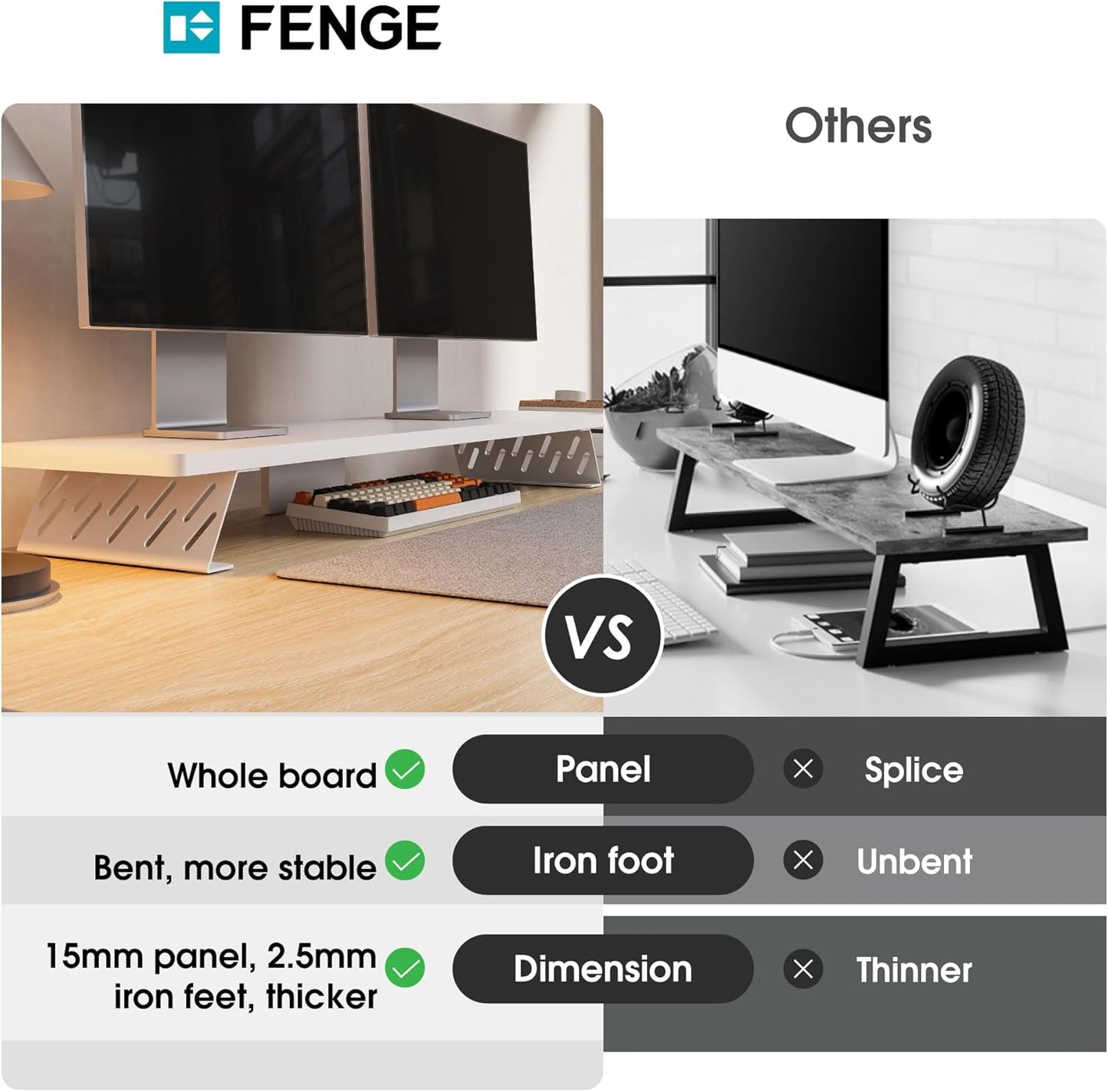 Fenge Dual Monitor Stand Riser, 42.5 Inch Desk Top Shelf for 2 Monitors, Computer Stands for Desk, Wood & Steel Desktop Riser for Laptop, PC, Printer