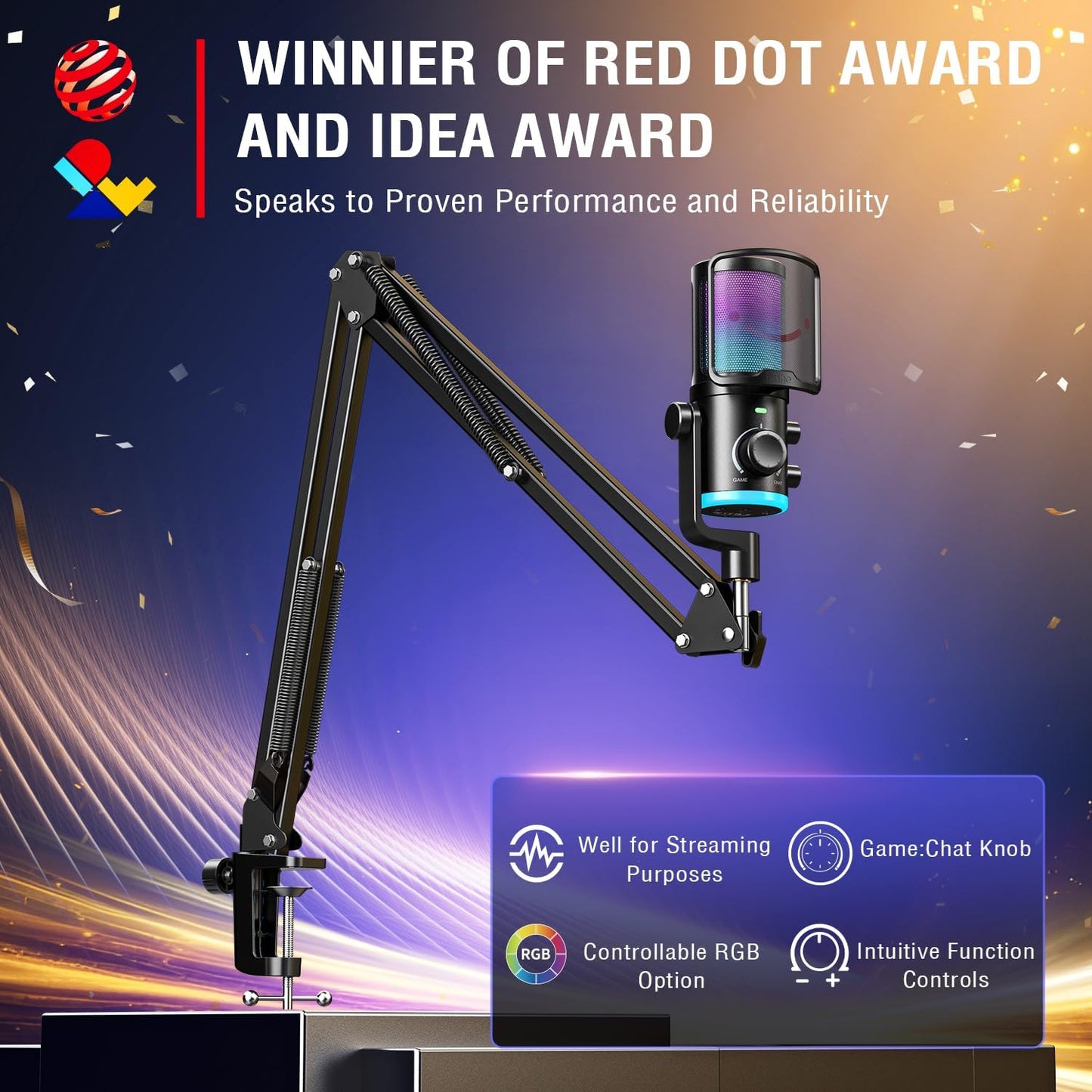 FIFINE AM6T USB Streaming Microphone for PC Gaming, Professional Condenser Mic with RGB, Noise Cancellation&Game/Chat Mixer-Plug & Play for Discord Chat/Streamer/Podcaster, with Boom Arm&Pop Filter