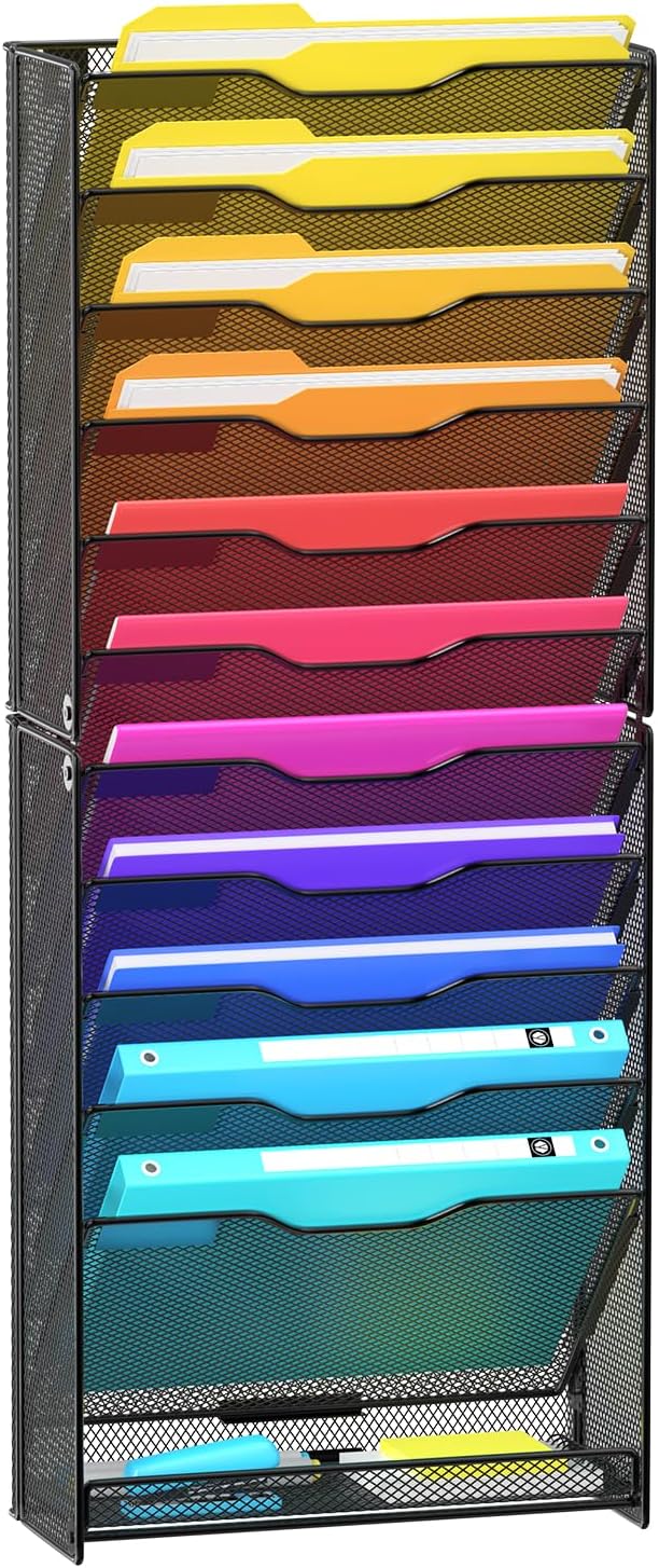 12 Tier Wall File Organizer, Mesh Letter Magazine Mail Wall File Holder Rack Hanging File Organizer With Flat Tray For Office Home, Black