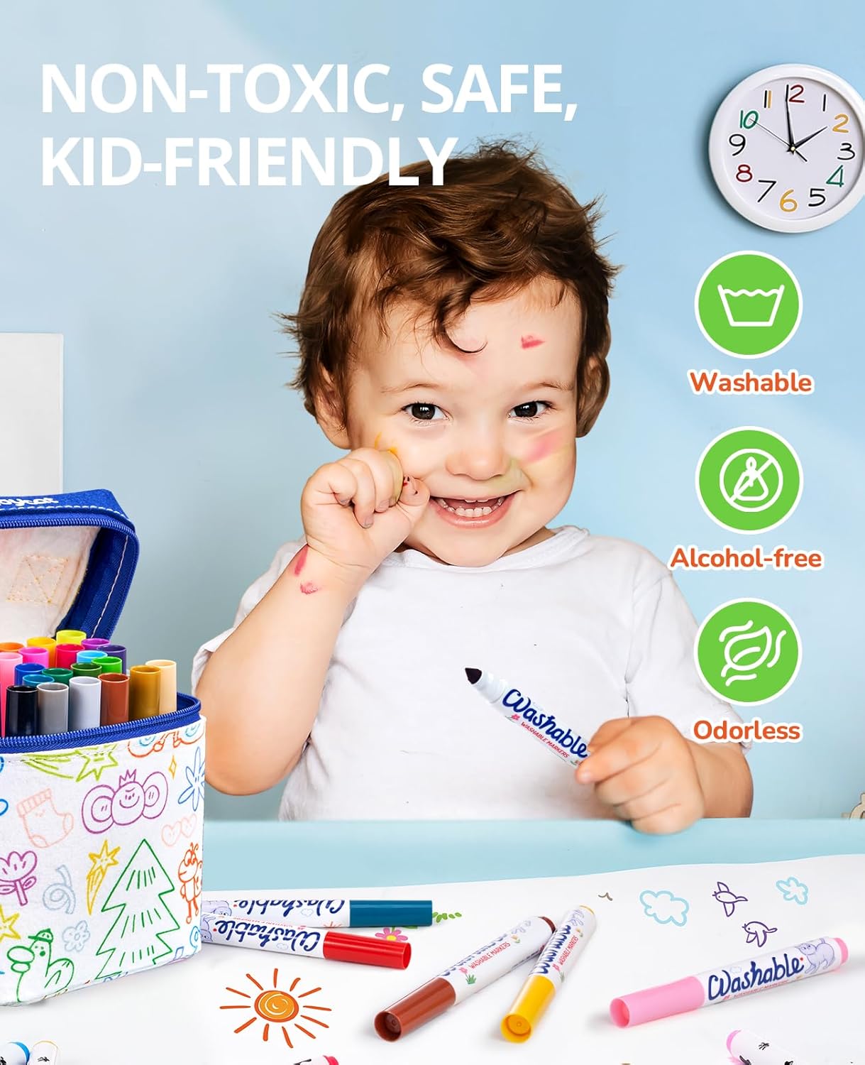 JoyCat 30 Count Washable Markers for Kids, 30 Colors Washable Markers Set with Carrying and DIY Coloring Fabric Storage Bag, Coloring Marker Bulk for Boys Girls Toddler, School Classroom Supplies