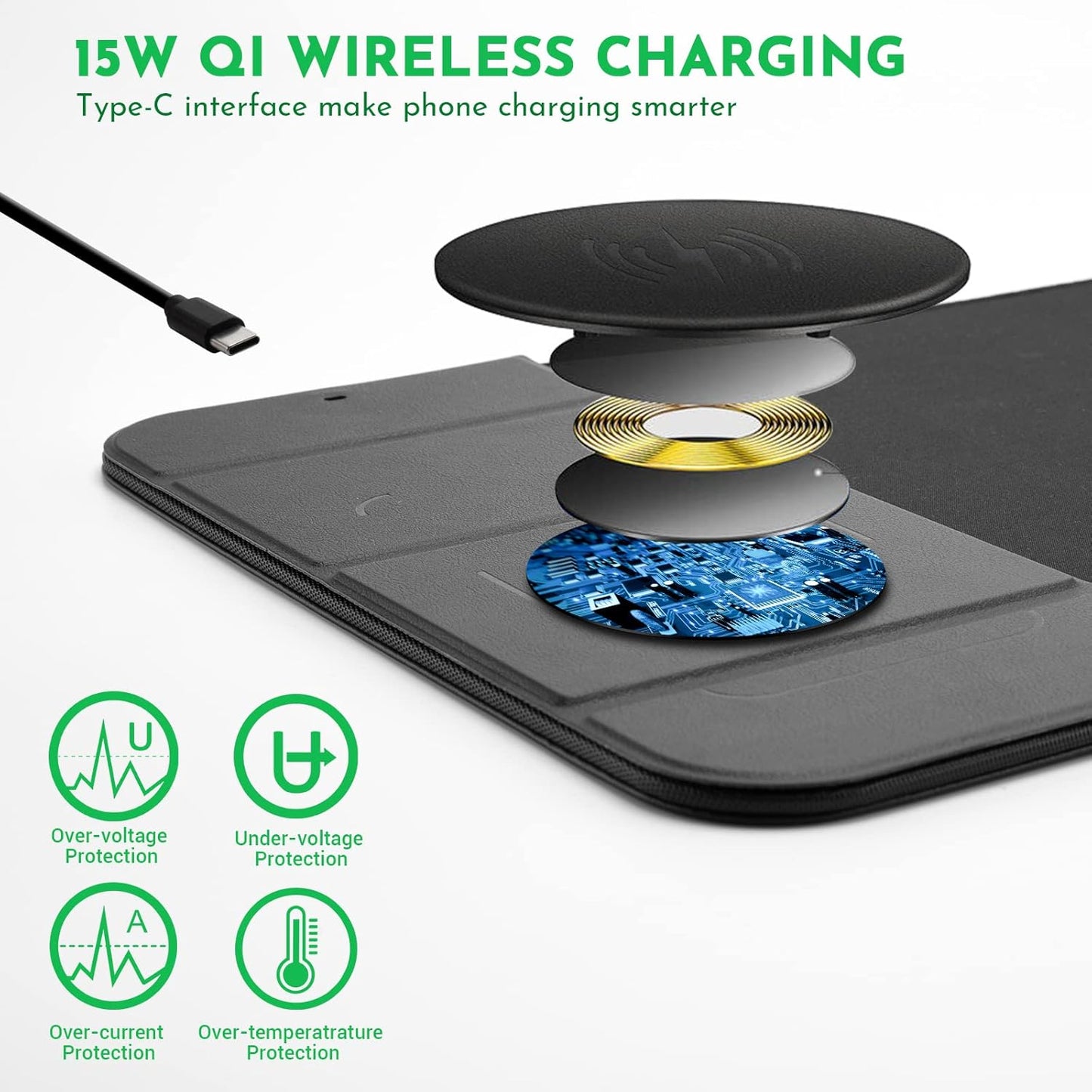 Wireless Charging Mouse Pad with Phone Holder Gaming Mousepad Desk Mat 15W Qi Fast Charging Pad Ultra-Smooth Surface Non-Slip Extended Premium Black Computer Keyboard Mat for MacBook PC Laptop