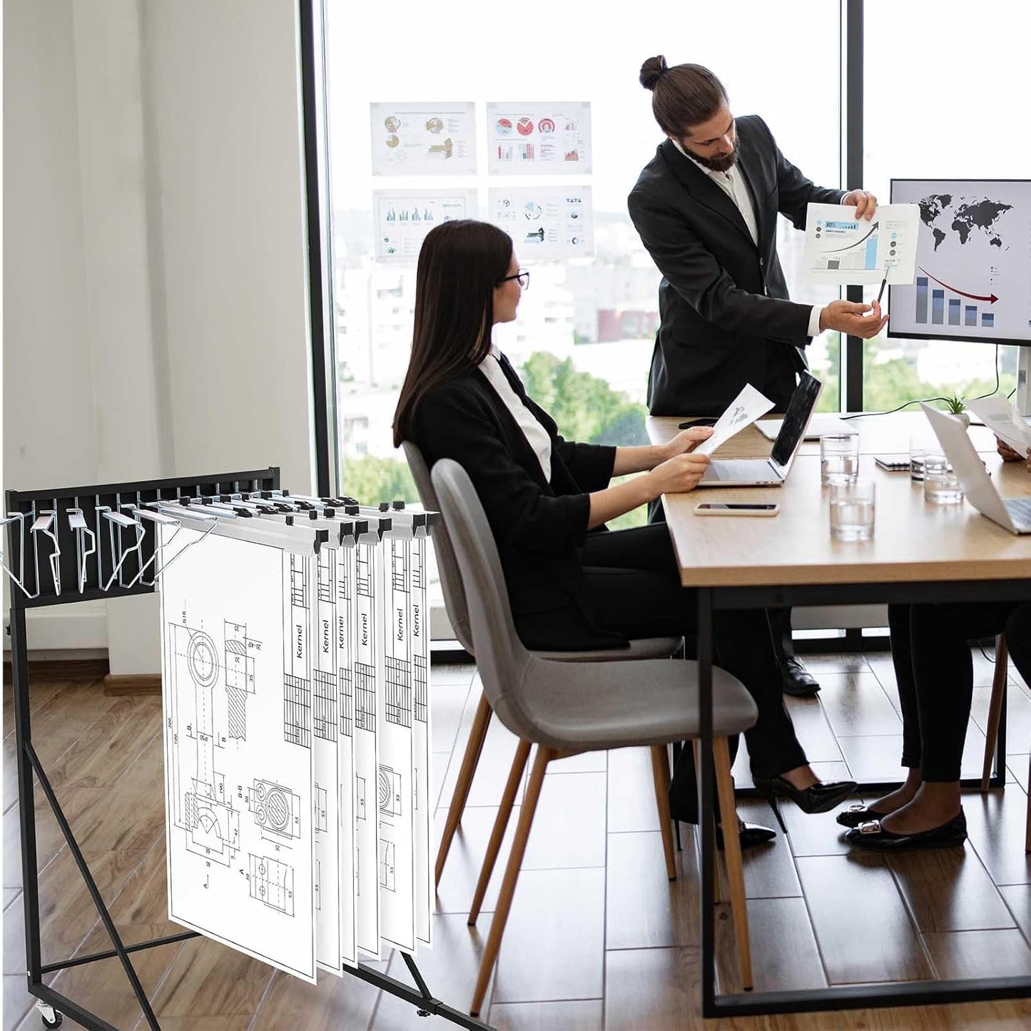 Estune Mobile Blueprint Holder Rack, Adjustable Mobile Blueprint Holder with 6 30 In Hanging Clamps 4 Wheels Poster Display Rack Storage Organizer Stand for File Display Plan Office Home(Black)